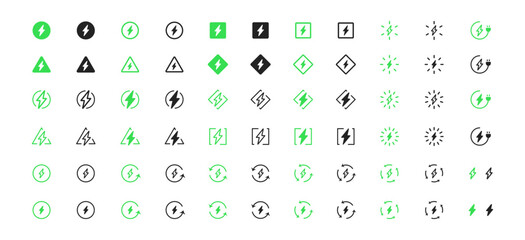 Big eco electric green icon set. Black, outline and green lightning symbol set. Energy thunderbolt and power energy bolt signs in vector flat style.
