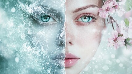 Symbolic Portrait Depicting Half-Frozen and Half-Blooming Face, Representing the Balance of Winter and Spring Equinox
