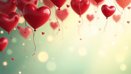 Valentine’s Day-themed background featuring red, heart-shaped balloons falling from top against green tone bokeh background. Ideal for Valentine greetings, love, 14 February background.