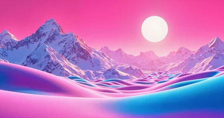 Fototapete Rund Surreal landscape with pink mountains and bright sun © Natalya