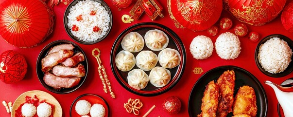 Vibrant and Festive Lunar New Year Feast with Dumplings, Rice, Chicken, and Decorated Tableware for Celebrating Culture and Tradition