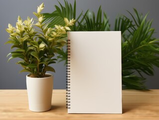 Still life composition of blank note book with flower pot on table