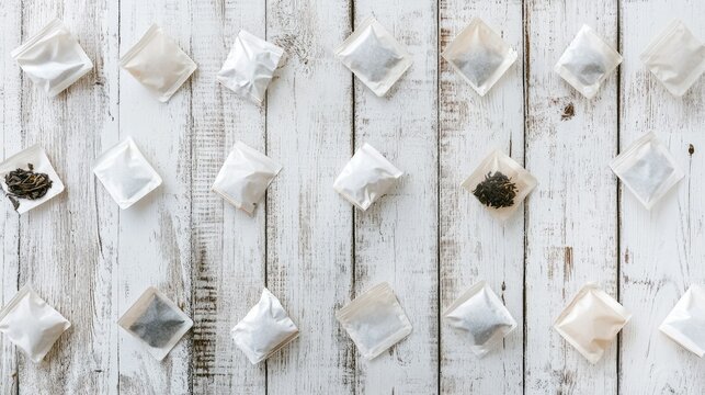 Rustic white wooden background with several tea bags carefully arranged, providing room for design or text overlay - Powered by Adobe
