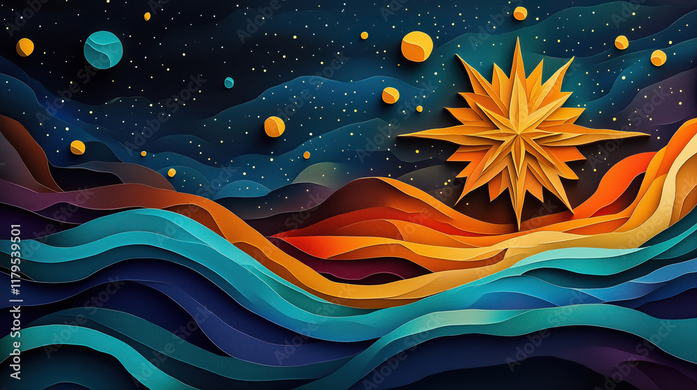 Poster paper cut style illustration abstract universe nebula clouds in space with star of bethlehem