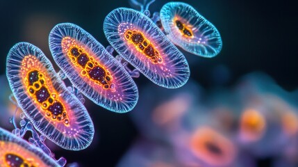 Colorful Microscopic View of Cells with Intricate Patterns and Vibrant Glow, Representing Nature's Tiny Wonders