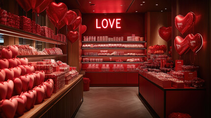 Obraz premium Romantic red-themed candy store with heart balloons and love neon sign. The 14th of February. Happy Valentine's Day