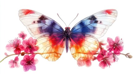 Fototapeta premium Vibrant butterfly with rainbow wings on cherry blossoms. The concept of spring and rebirth
