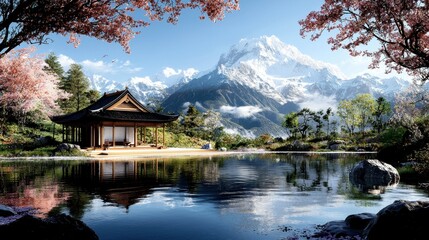 Fototapeta premium Serene Landscape of a Tranquil Lake Surrounded by Cherry Blossoms and Majestic Mountains