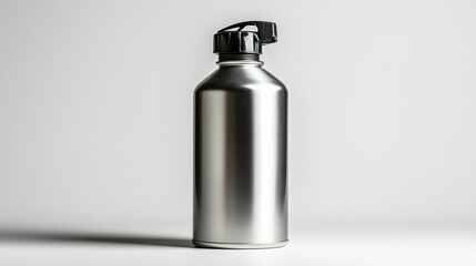 A modern spray paint can with a sleek design, positioned to highlight its nozzle and ergonomic shape, on white,