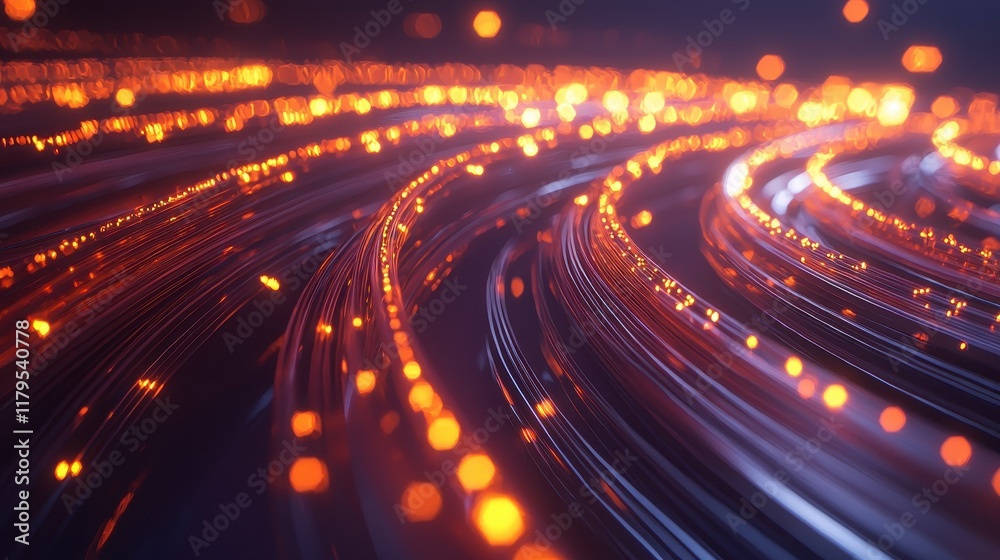 Poster dynamic flow of bright orange particles and lines on dark background creating a futuristic and abstr
