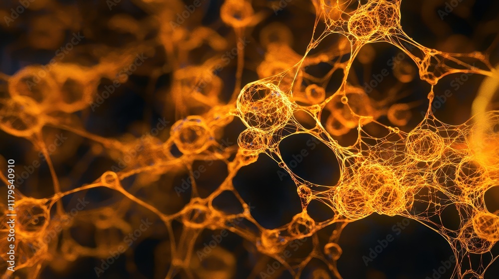 Poster abstract representation of glowing orange cells connected by intricate lines, showing biological net