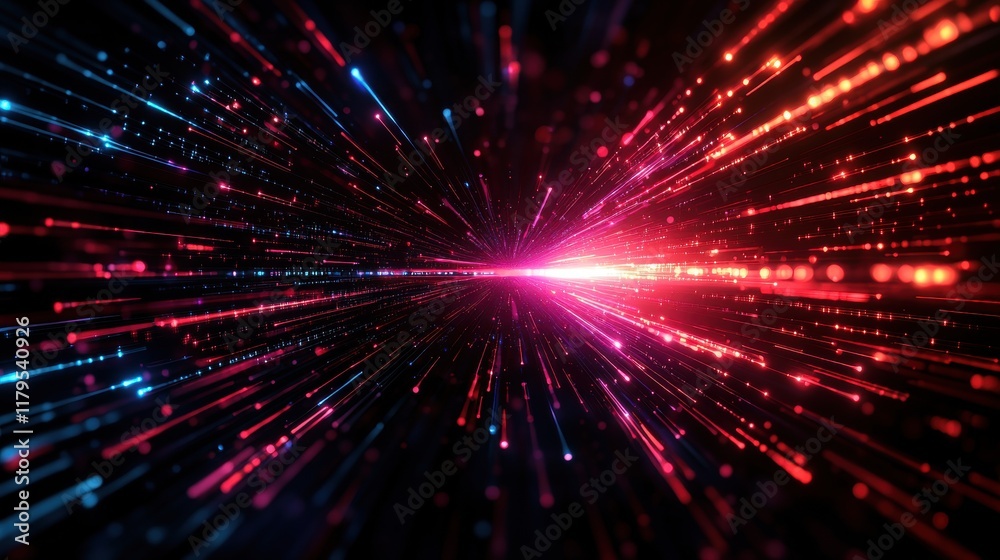 Poster vibrant abstract design with bold red and blue lines on dark background creating a dynamic and energ