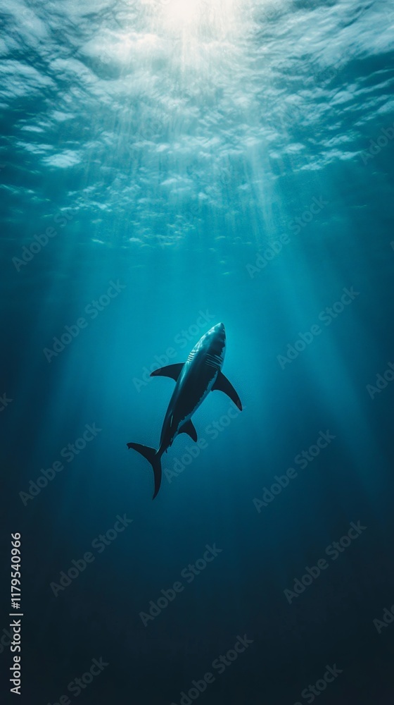 Poster great white shark swimming in the deep blue ocean, illuminated by sunbeams penetrating the surface, 