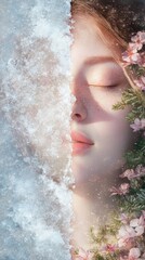 A portrait of a woman depicting the spring equinox with frost and flowers in perfect seasonal harmony