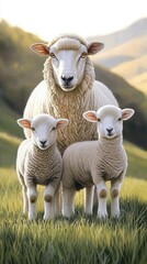 Fototapeta premium Mother sheep and her playful lamb are enjoying a sunny day in a vibrant, grassy field surrounded by trees and a distant farm
