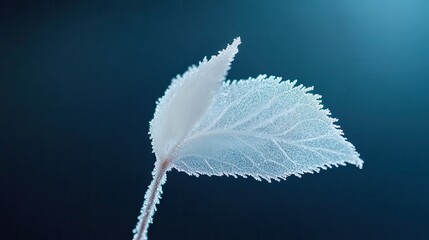 Frost-covered delicate leaf on a soft blue background capturing nature's intricate beauty and winter's touch