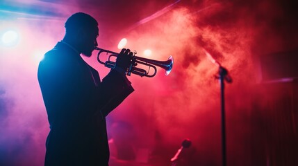 A musician performing a jazz solo on a trumpet in a dimly lit club, with a smoky and atmospheric ambiance,