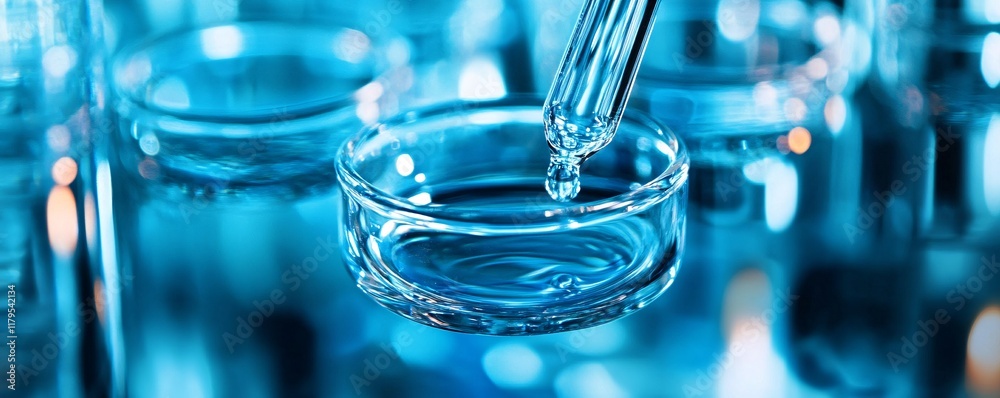 Poster pipette dropping blue liquid into petri dish in laboratory setting