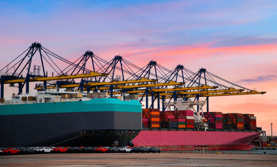 Close up vehicle carrier vessel loading car for shipping to worldwide, Large RoRo (Roll on off)...