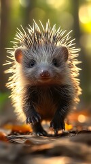 Fototapeta premium Hedgehog in autumn forest wildlife nature photo high resolution hd picture