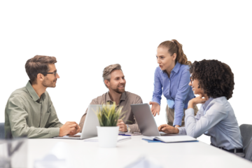 Happy four business people executive team working at laptop having discussion meeting showing financial project on a transparent background