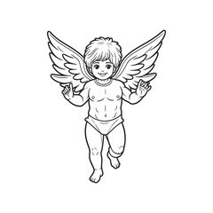 Fototapeta premium angel child character in retro style, hand-drawn line art, black vector