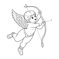 angel child character in retro style, hand-drawn line art, black vector