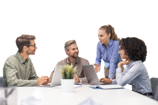 Happy four business people executive team working at laptop having discussion meeting showing financial project on a transparent background