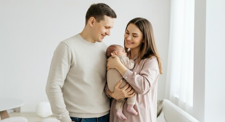 Fototapeta premium Loving caucasian family embracing newborn in bright living room setting