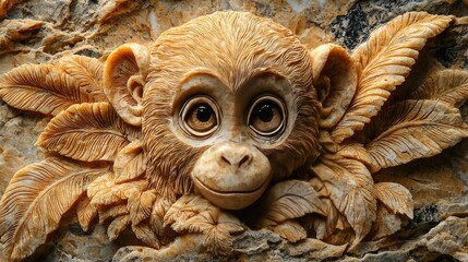 Obraz premium Adorable Baby Monkey Stone Carving: Intricate Details and Expressive Eyes. A Masterpiece of Stone Sculpture Art