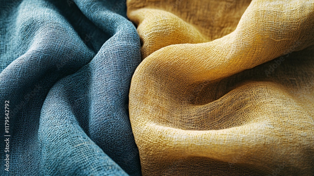 Poster flowing linen fabrics in blue and gold creating elegant waves
