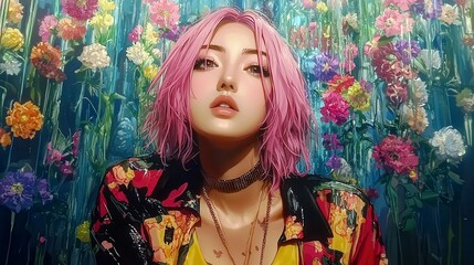Portrait of a young woman with pink hair and colorful floral backdrop, showcasing vibrant fashion and artistic expression in a vivid setting