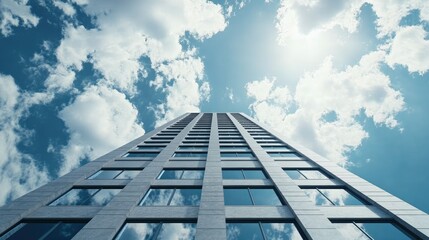 Fototapeta premium Minimalist industrial building with gray wall panels and simple shapes under a clear blue sky, showcasing modern design elements