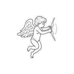 angel child character in retro style, hand-drawn line art, black vector