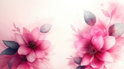 Elegant pink flowers with watercolor leaves on soft background