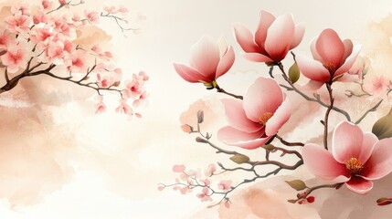 Naklejka premium Elegant pink magnolia blossoms on delicate branches with soft background. The concept of spring and rebirth