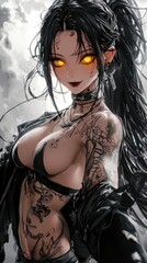 Enigmatic Portrait of a Mysterious Woman with Intricate Tattoos and Piercing Yellow Eyes in a Dark Atmospheric Setting