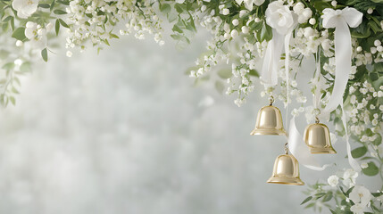 Golden wedding bells adorned with white flowers and ribbons create romantic atmosphere