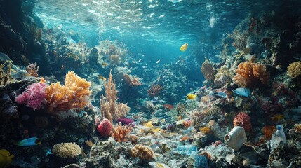 Obraz premium Underwater scene of coral reefs surrounded by discarded plastic items, a stark reminder of pollution's reach