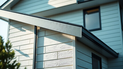Fototapeta premium Close-up view of a modern house exterior. Features light gray horizontal siding, a dark gray roofline, and a prominent angled roof section. Sunlight casts shadows across the wall.