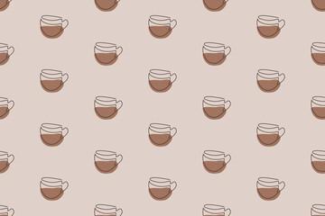 Seamless pattern with a cup of hot coffee in the fashionable color of 2025. Hot chocolate in a cup. Linear style. Vector graphics