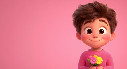 Fototapeta premium Playful Cupid Character Holding Flowers for a Romantic Valentine's Day Celebration