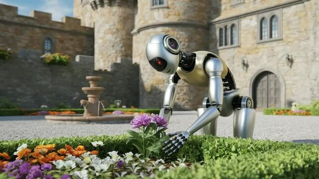 A humanoid robot carefully planting flowers in the lush garden of a medieval castle courtyard, with ancient stone walls, colorful flowerbeds, and a small fountain adding to the blend of old-world char