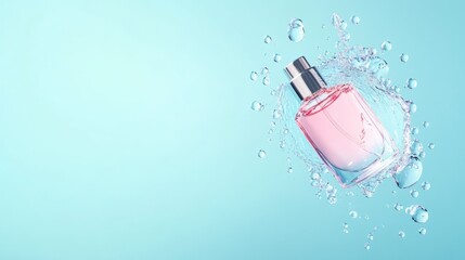 Pink perfume bottle levitating amidst a splash of refreshing water droplets against a vibrant turquoise backdrop, creating a dynamic and visually appealing scene
