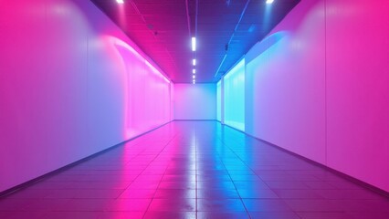 Soft pink and blue glow illuminates a serene indoor corridor lined with white walls and gleaming square tiles, creating an inviting atmosphere under sparkling fluorescent lights