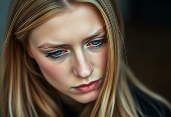 Fototapeta premium Blond woman with solemn expression and downward gaze