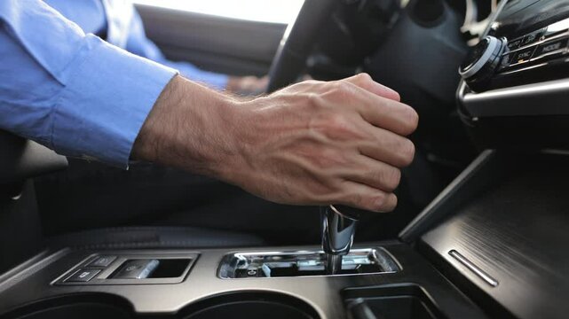 Strong male hand shifting gears on automatic transmission inside luxury car. Crop view of anonymous man driver in blue shirt, with hand on gear shift, switch vehicle lever. Transport, driving concept.