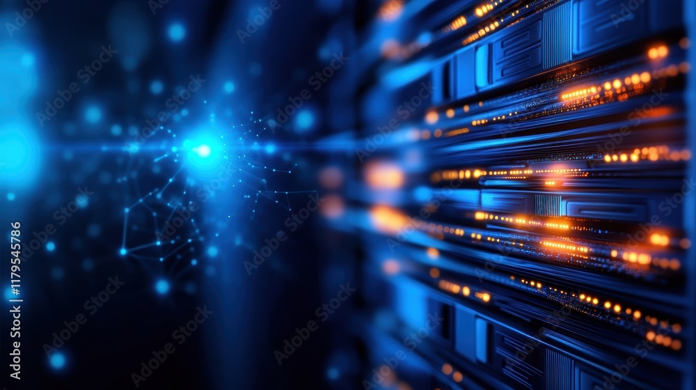 Poster high-tech server rack in modern server room with glowing indicators and network cables creating a dy
