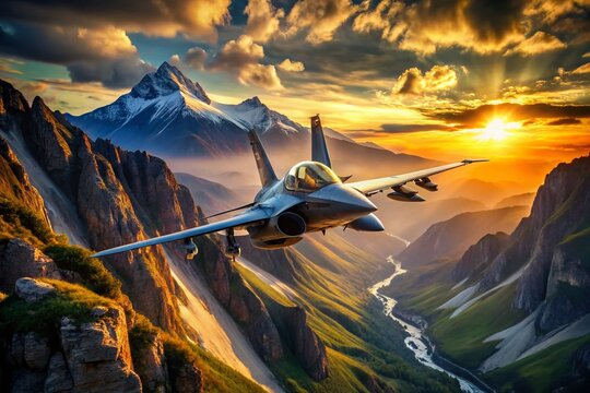 F-5 Fighter Jet Soaring Over Dramatic Mountain Landscape at Sunset
