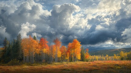 Fototapeta premium Vibrant Autumn Landscape with Colorful Trees Under Dramatic Cloudy Sky in Nature Scene